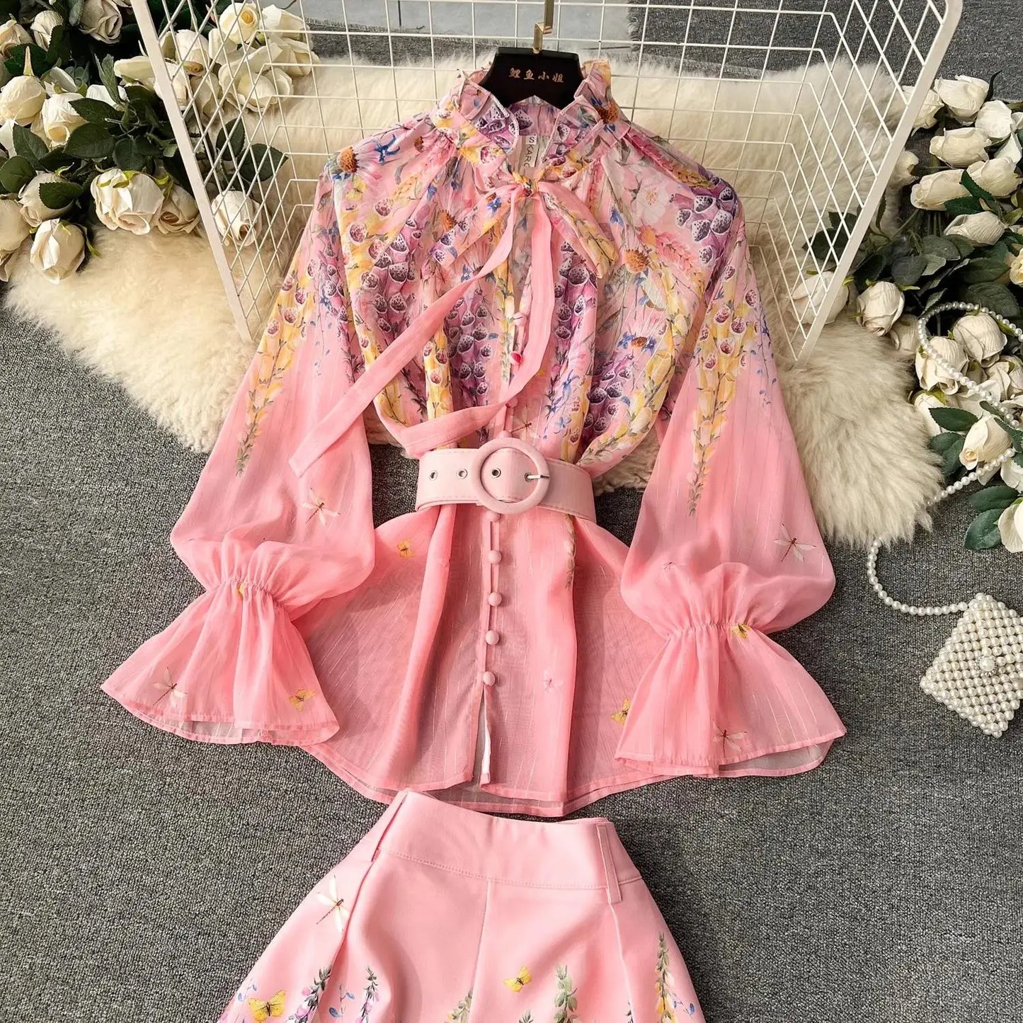 Women's Outfits Bright Silk Chiffon Shirt Blouse Top + Belt Shorts Two Piece Sets Summer Holidays Lavender Flower Shorts Suit