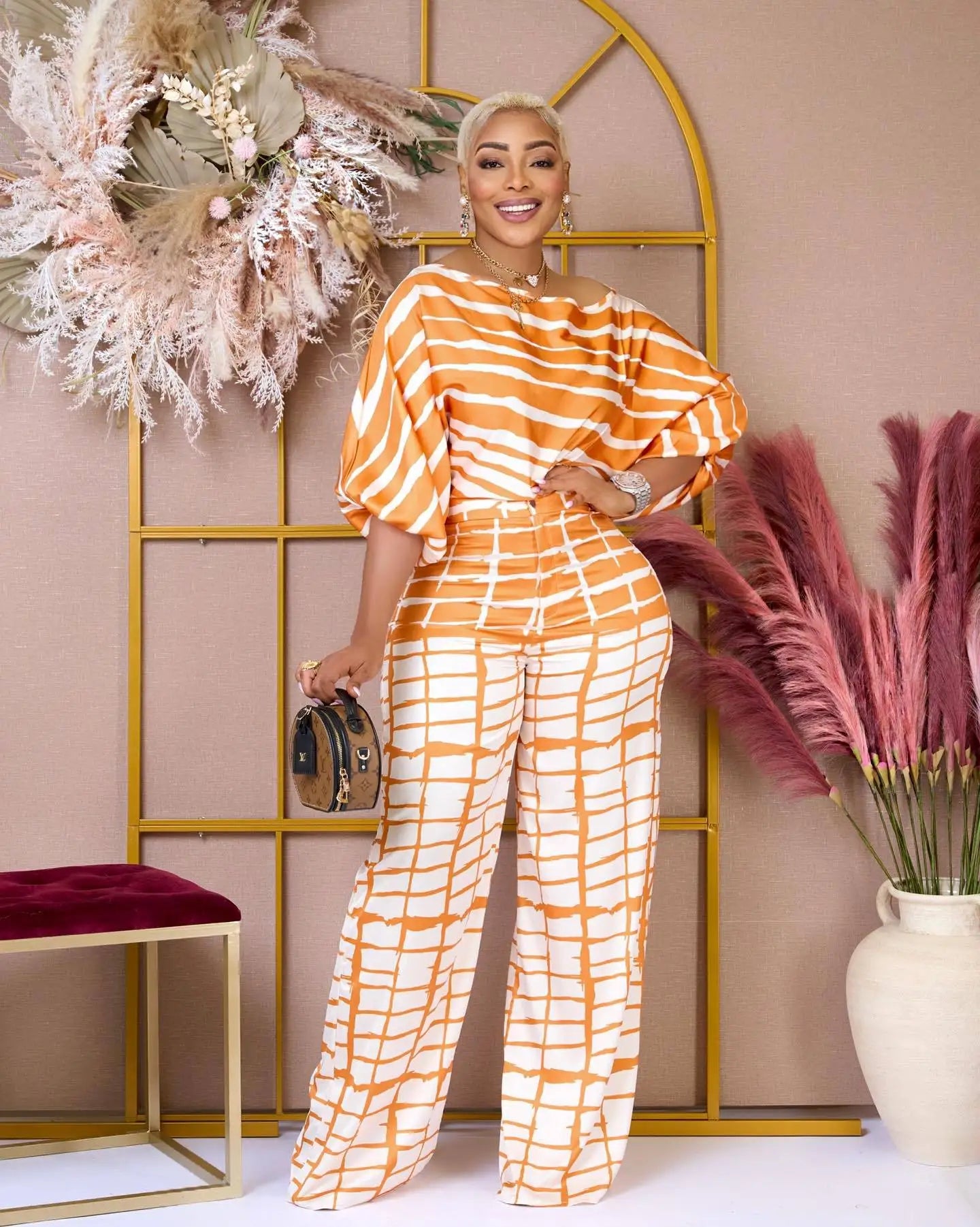 CM.YAYA Women Set Full Batwing Sleeve Slash Neck print Top + Wide Leg Pants Summer Street Two 2 Piece Sets Sexy Outfit Tracksuit