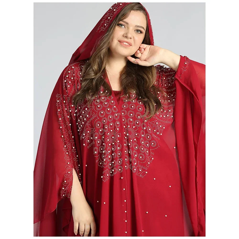 Middle East Africa Hot Muslim Long Robe Vintage Diamond Bead Shoulder Cover Hooded Cloak Dress Bat Sleeve Women's Dress New