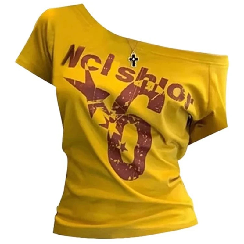 Y2k Sport Summer Off shoulder Top Women Sexy Vintage 2000s Short sleeve T shirt Lady Body Basic Crop Top Female Casual
