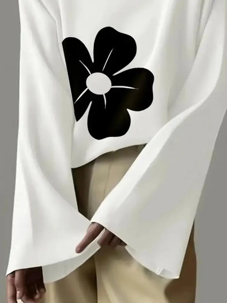 2024 New Spring Fashion Flower Printed High Neck Flared Sleeves Tops Korean Casual White T-Shirts For Women
