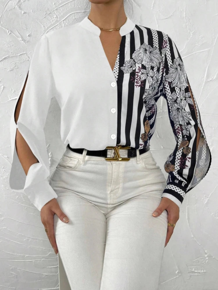 Spring Summer Floral Stripe Print Split Sleeve Shirt Elegant Casual Fashion Women's Top
