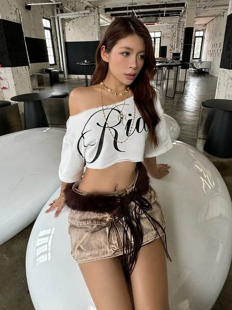 Weird Puss Letter Print Crop Tops Women Summer Trend Wild Biased Collar Street Skinny Simple Classic Streetwear Daily Soft Tees