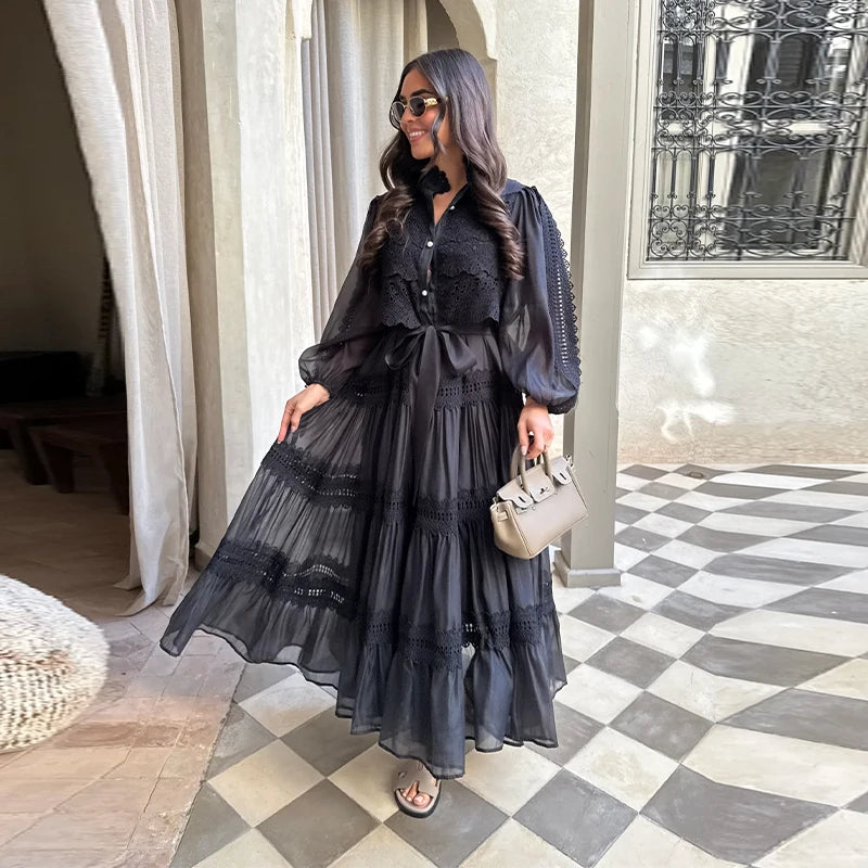 Embroidered maxi Dress Women Lapel Hollow Fashionable Short Sleeve Belt High Waist long Dresses Female Summer Chic robe