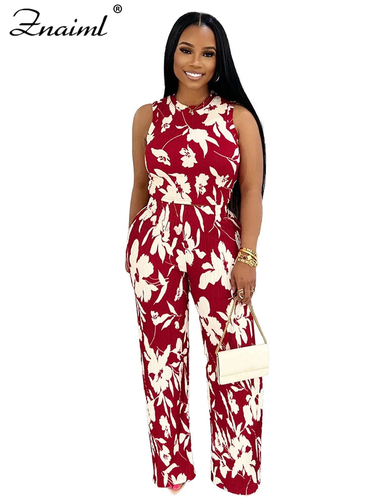 Znaiml Elegant Vacation Flowers Print O-Neck Tank Tops and Straight Wide Leg Pants 2 Pieces Women Sets Summer Birthday Outfits
