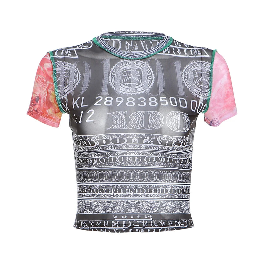 Weird Puss See Through Crop Tops Women Numeral Print Short Sleeve O-Neck Sexy Club Patchwork Streetwear Skinny Hot Girls Tees