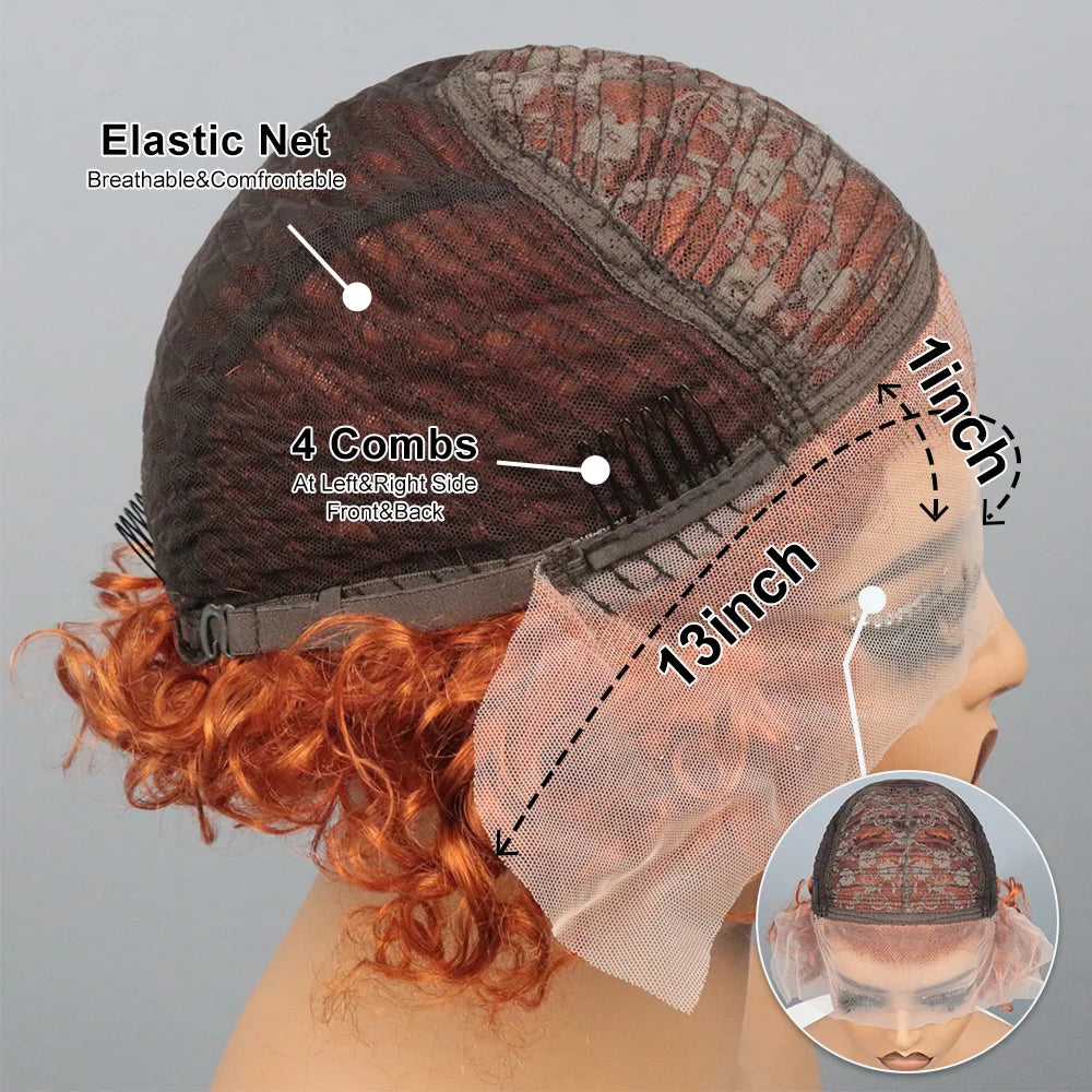 Ginger Pixie Cut Wigs Human Hair Short Curly Lace Front Human Hair Wigs Colored Water Wave Bob Wig 13x1 Transparent Lace Wigs