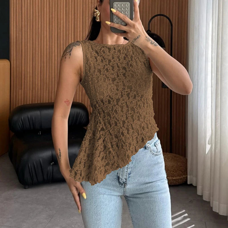 Women's Casual O Neck Sleeveless Irregular Tees 2025 Summer Solid Color Waist Blouses Perspective Lace Slim Fit Club Party Tops