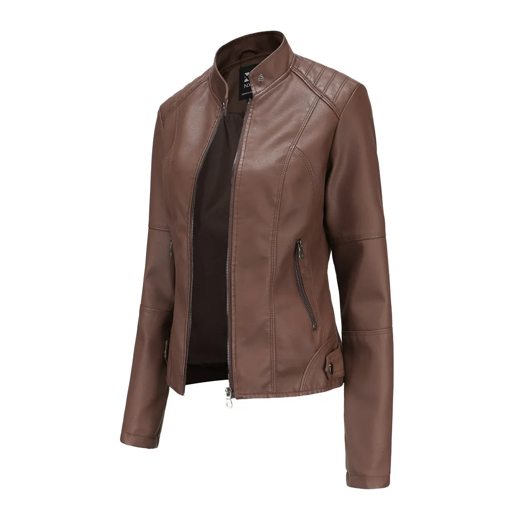 Women Leather Jacket 2025 Spring Autumn Black PU Leather Coat Stand-up Collar Motor Biker Jacket
