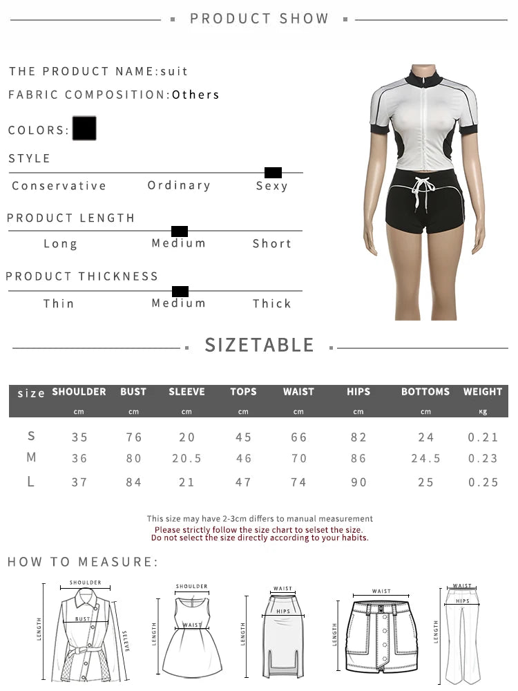 Weird Puss Summer Women Casual 2 Piece Set Tracksuit Zip Patchwork Shorts Sleeve Crop Tops+Shorts Stretch Sporty Outfits