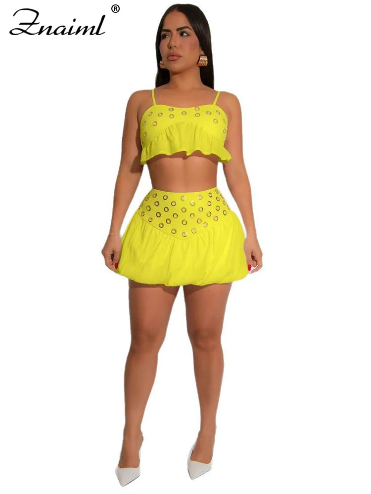 Znaiml Sexy Summer Beach Vacation Women Spaghetti Strap Crop Top and Mini Skirts 2 Pieces Set Fashion Night Club Bar Dance Suits