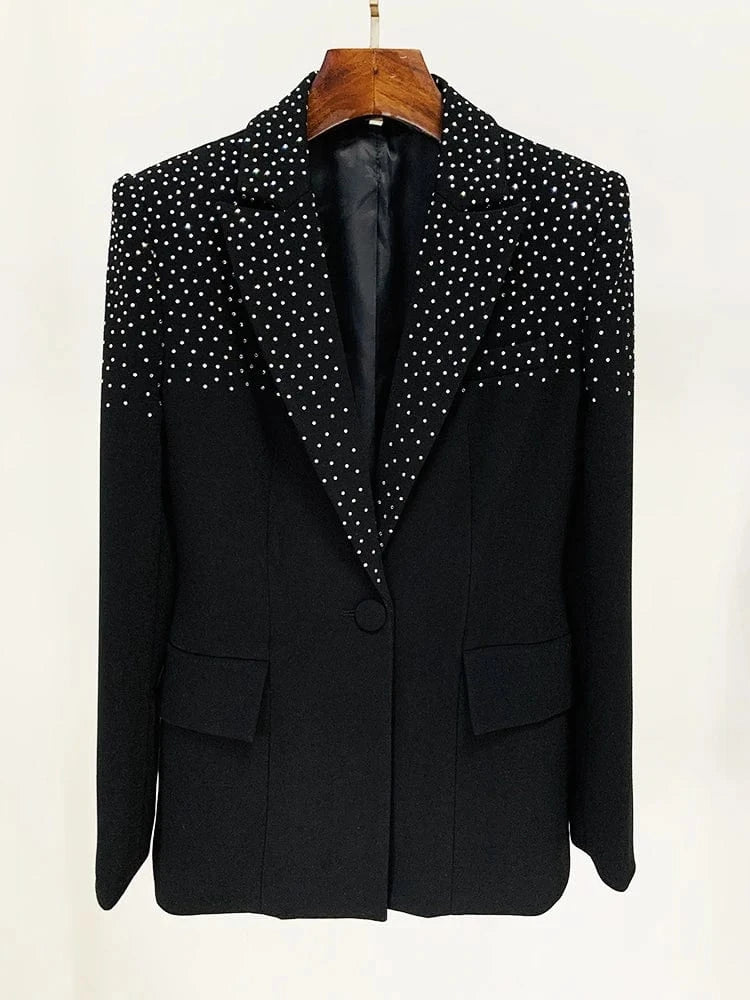 HIGH STREET 2024 New Designer Runway Suit Set Women's Slim Fit Single Button Rhinestone Diamonds Beaded Blazer Skirt Suit 2pcs