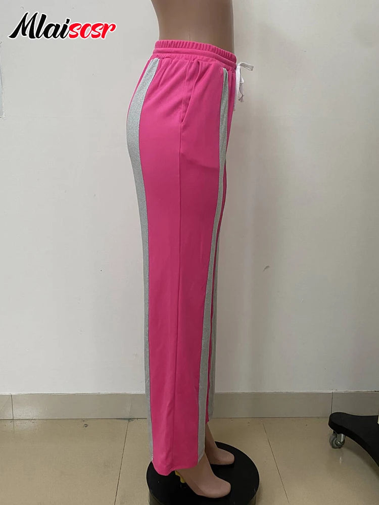 Mlaiscsr Fashion Pink Patchwork Loose Wide Leg Pants Women Drawstring High Waist Trousers Casual Streetwear Bottoms Sweatpants