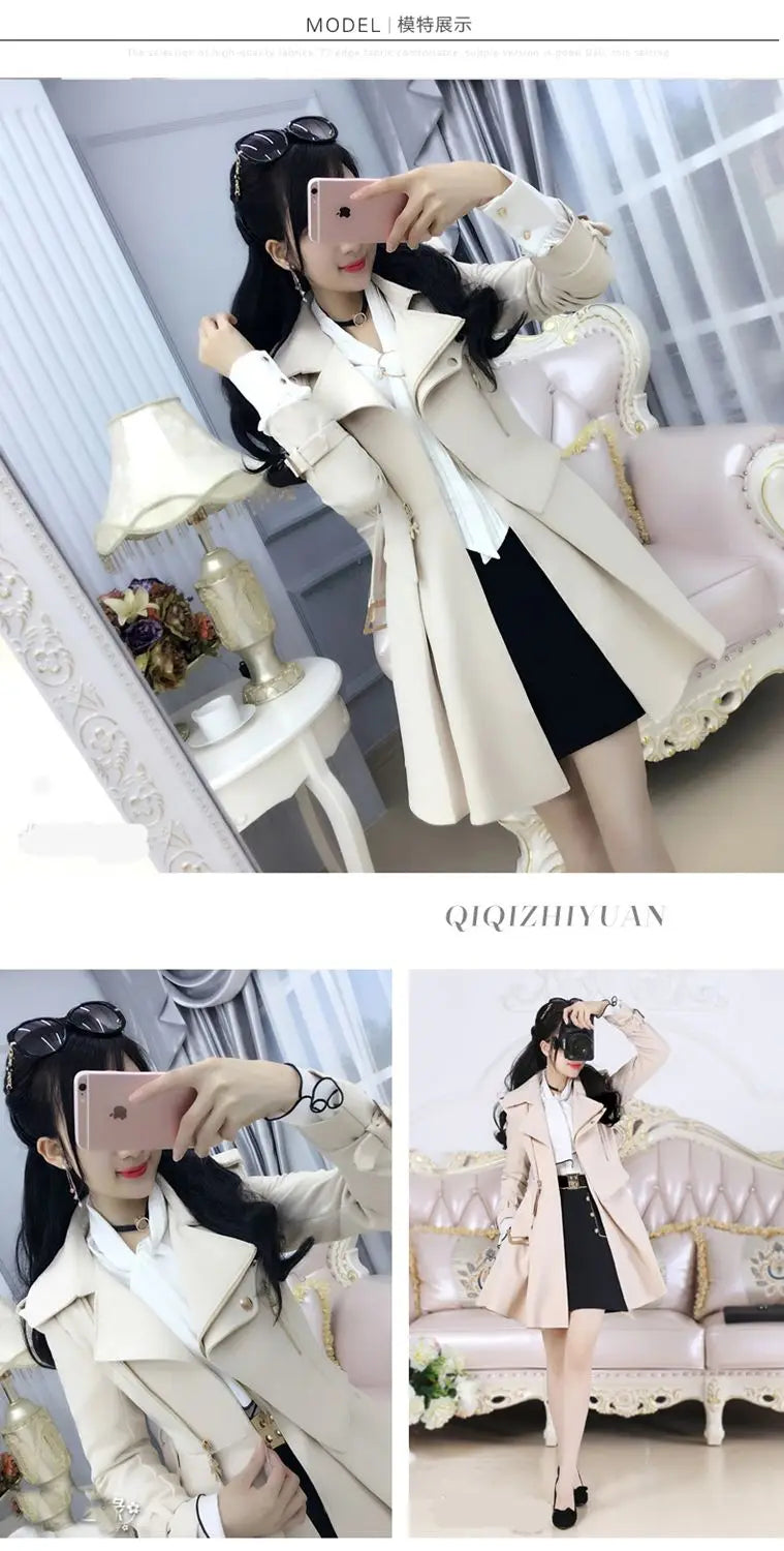 2025 Spring and Autumn Women's Windbreaker Beige British Trench Coat Mid Length Long Sleeved Fashionable Clothing