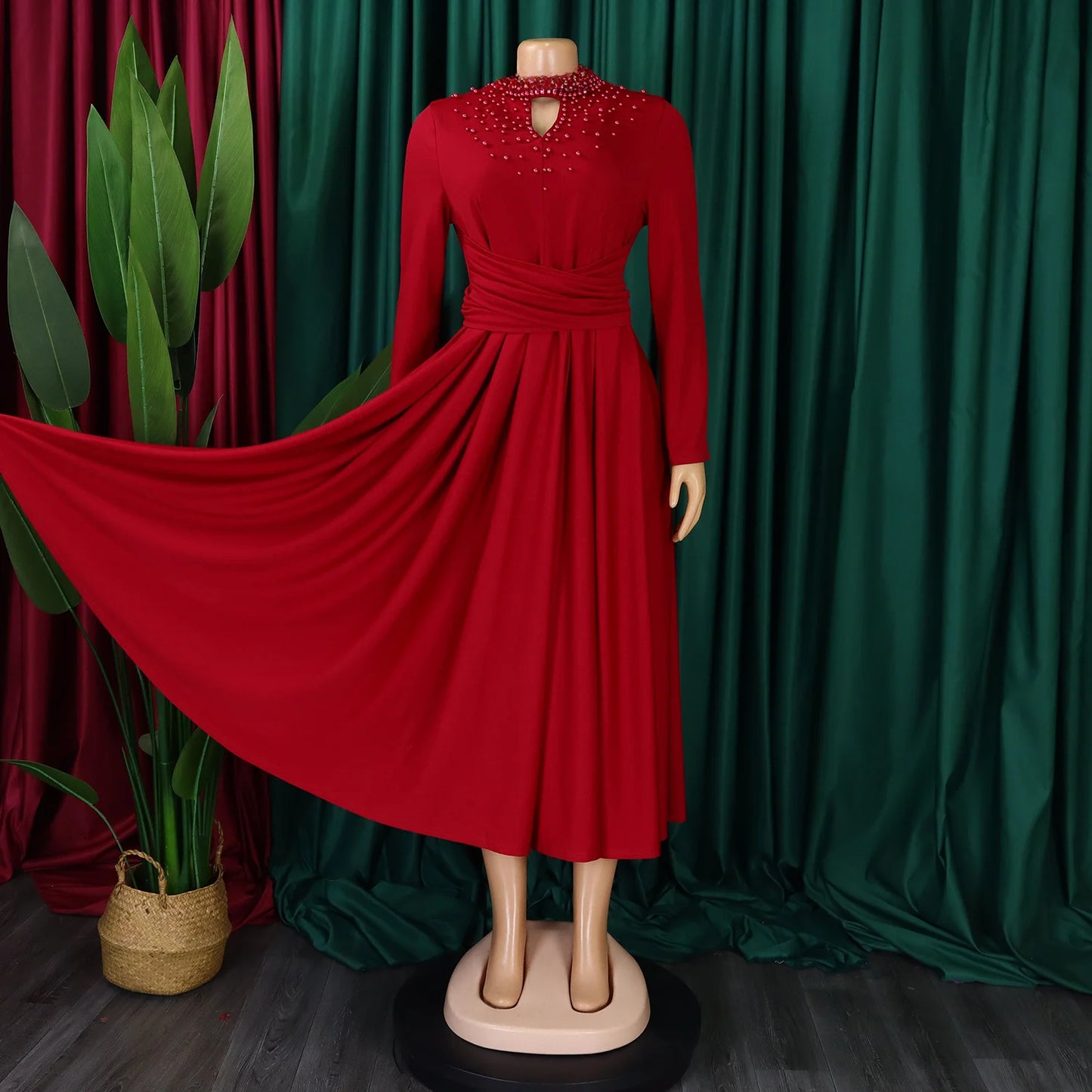 Fashionable High-collar Elegant Embroidered Large Dress Women Waist-shaping African Dress Trendy Plain Pattern Long Skirt