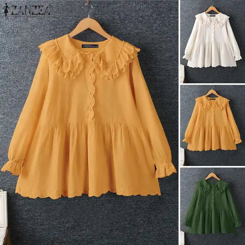 ZANZEA Women Shirts Sweety Doll Collar Tunics Leisure Long Flare Sleeve Button Tops Holiday Lace Crochet Patchwork Solid Blouse