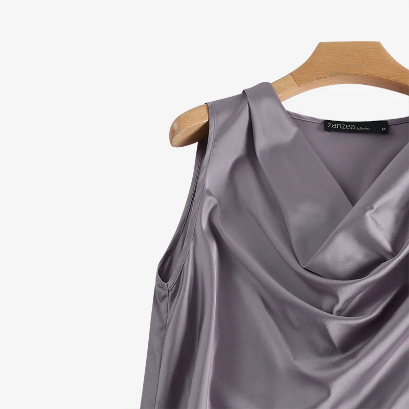 ZANZEA Women Satin Tank Tops Elegant Cowl Neck Sleeveless Blouse Korean Fashion Silk Solid Color Tanks Office Lady Sexy Camisole