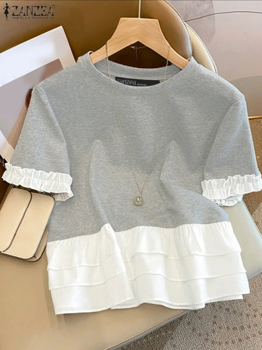 ZANZEA Woman Summer Fashion Chic T-Shirts Round Neck Short Sleeve Ruffle Trim Layered Hem Contrast-Color Casual Patchwork Tees