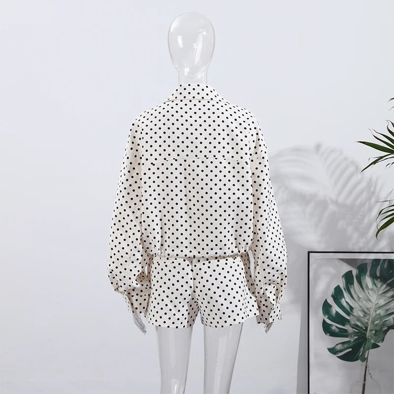 Loose Polka Dot Zipper Women's Shorts Set Stand Collar Patchwork Full Sleeve Pockets Jacket Tie Up Short Pant Suit Summer Outfit