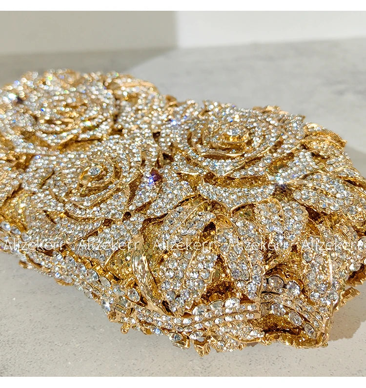 Alizekerr Rose Crystal Evening Clutch Bags Women New Luxury Boutique Sparkling Diamond Flower Purses And Handbags Wedding Party