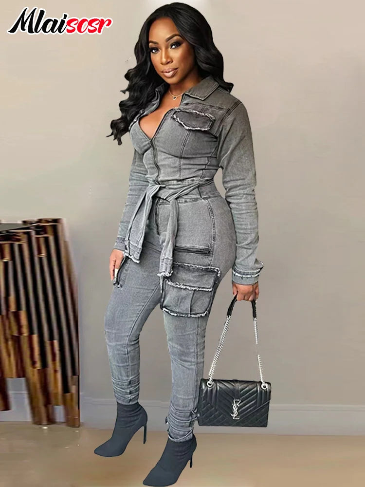 Mlaiscsr Women Stretch Denim Gray Cargo Jumpsuit with Bandage Turn Down Collar Zip-up 3D Pockets Slim Jeans Overalls Romper New