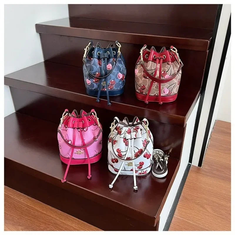 "2025newTextured Bucket Bag Women Artisan Drawstring Shoulder Purse Vintage Motif Crossbody Heritage Accent Carrier"