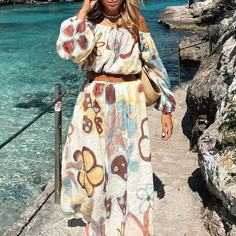 Fashion Crop Loose Women's Outfits Flower Print Off Shoulder Holiday Suit Casual Lantern Sleeve Top with Long Skirt Summer Sets