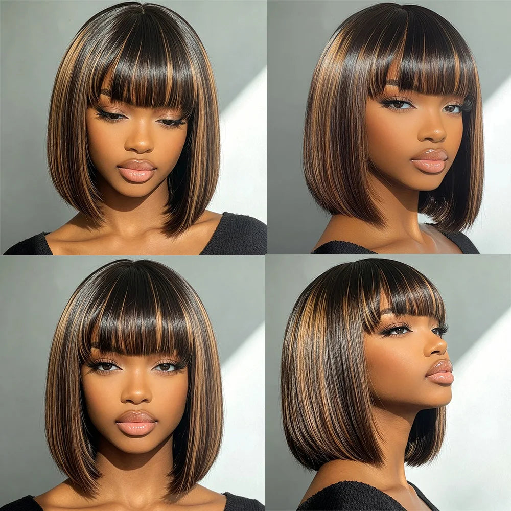 Soft Silky Highlight Brown Straight Bob Wig With Bangs For Women