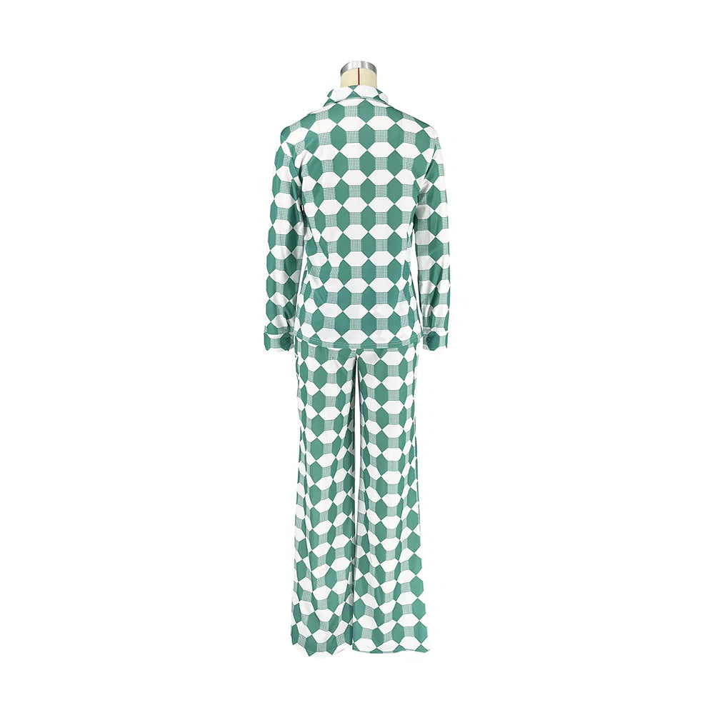 Two Pieces Shirt Sets Women Casual Matching Suits Geometric Print Loose Long Sleeves Wide Leg Pants Elegant Office Lady Autumn