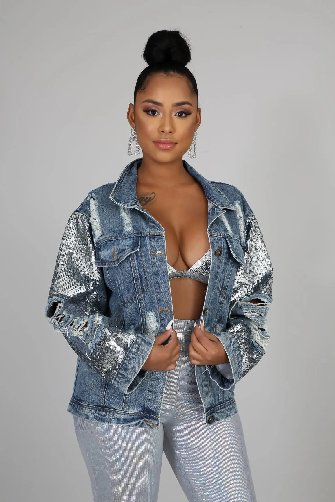 Jackets Women Denim Coat Hole Sequins Patchwork Single Breasted Turn Down Collar Y2k Vintage Streetwear 2025 Autumn Outerwear