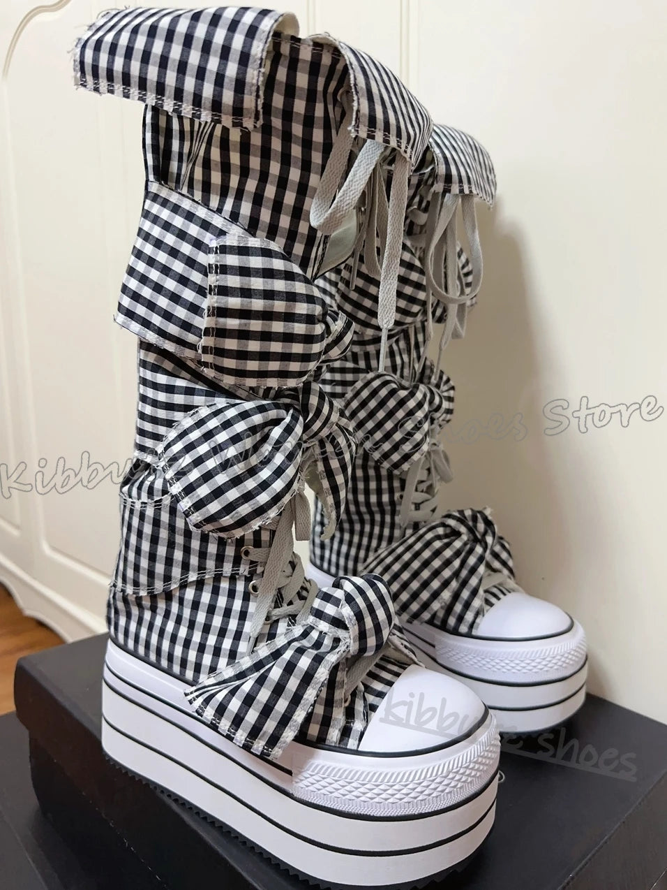 Checkered Canvas Boots Knee High Platform Lace-Up Mixed Color Fashion Elegant Luxury Novelty Women Shoes Round Toe Thick Bottom