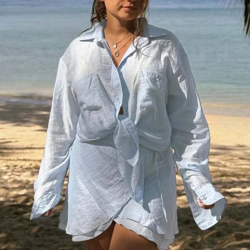 Casual Tie Up Mini Skirt Outfit 2025 Summer New Seaside Beach Sunscreen Suit Holiday Long Sleeve Single Breasted Shirt Women Set
