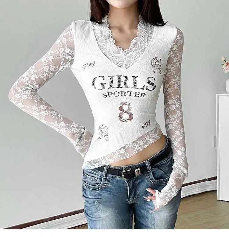 Trendy Sweet Hot Girl Lace Spliced hollow Perspective Design V-neck T-shirt Women's Letter Printing Slim Fit and Irregular Top