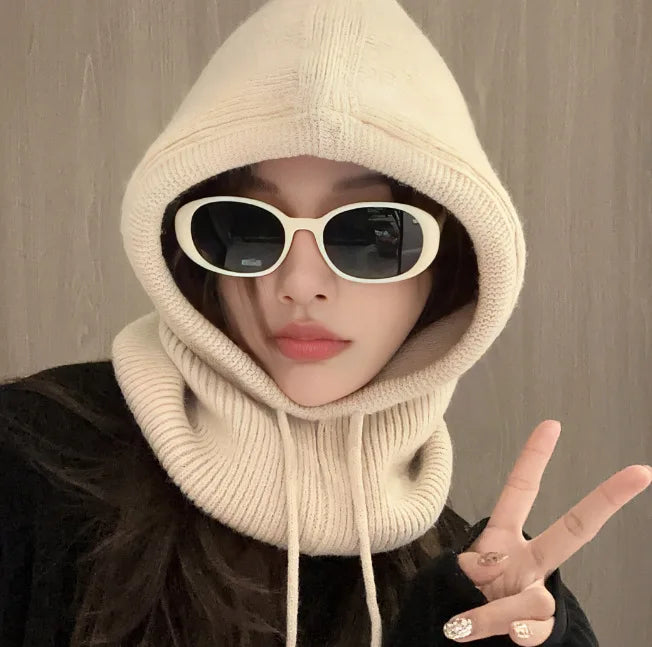 New Winter Trendy Balaclava Hat Windproof Scarf Knitted Hat For Women Cute Warm Ear Protection Hat