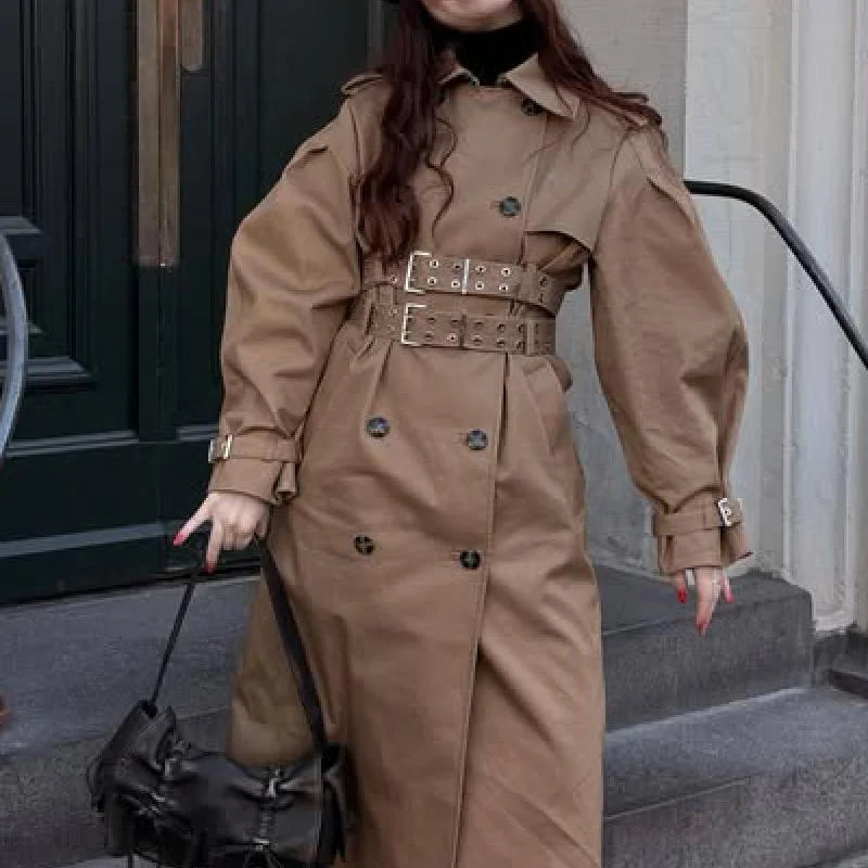 Chic Punk Trench Coat For Women Full Sleeve Loose Hooded Crop Jacket Lapel Bat Sleeve Long Coats 2025 New Lady Y2k Fall Outwears