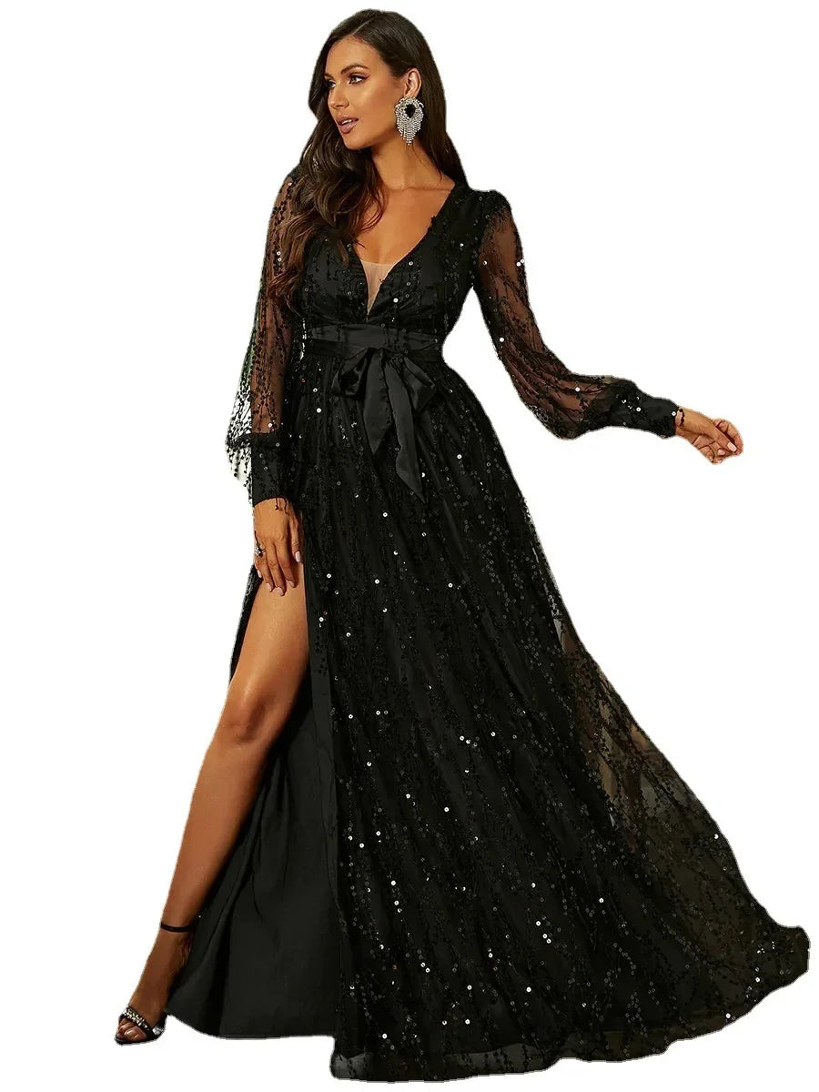 2024 Women's Autumn New Black Silk Mesh Sequins Long Evening Dress Brightly Stated Gown For Special Occasions Formal Affairs