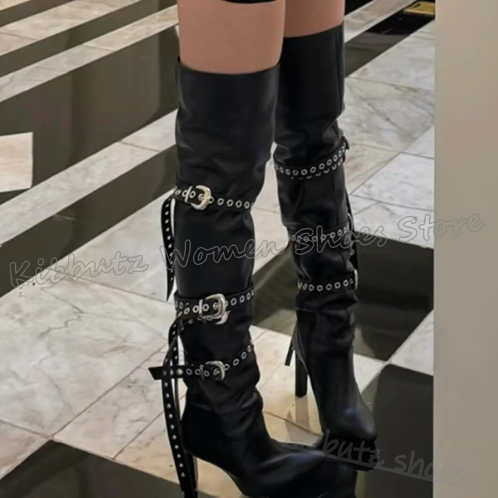 Above The Knee Boots Belt Buckle Pointed Toe Chunky Heels Solid Color Leather Fashion Luxury Elegant Concise Spicy Girls Shoes