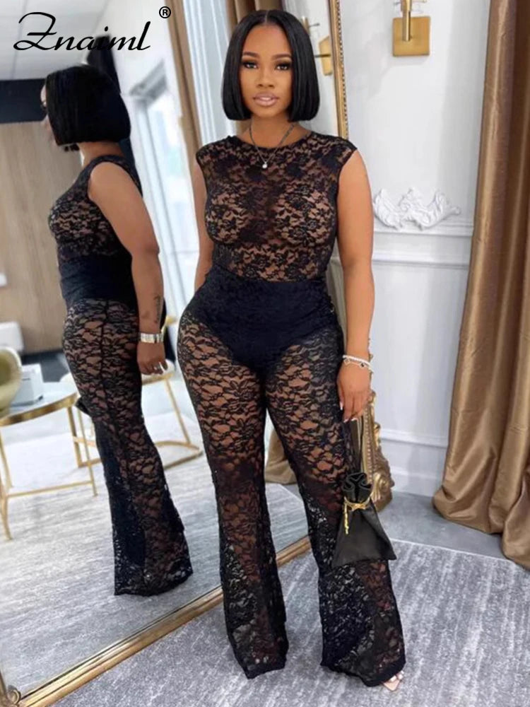 Znaiml Lace See Through Sexy Party Two Piece Set Sleeveless Bodysuits Top and Wide Leg Pants Women Summer Night Club Outfits