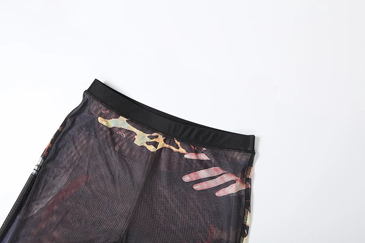 Weird Puss Sexy Women 2 Piece Set See Through Leopard Print Shorts Sleeve Crop Tops+Flare Pants Matching Clubwear Skinny Outfits