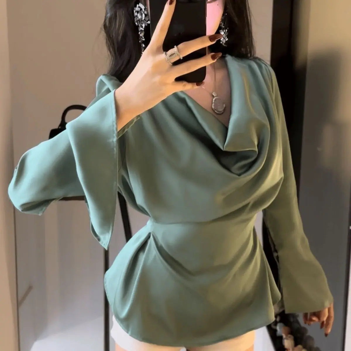 Silk Satin Basic Blouse Women Luxury Elegant Flare Long Sleeve Shirt Lady Bandage Tunic Top Korean Office Casual