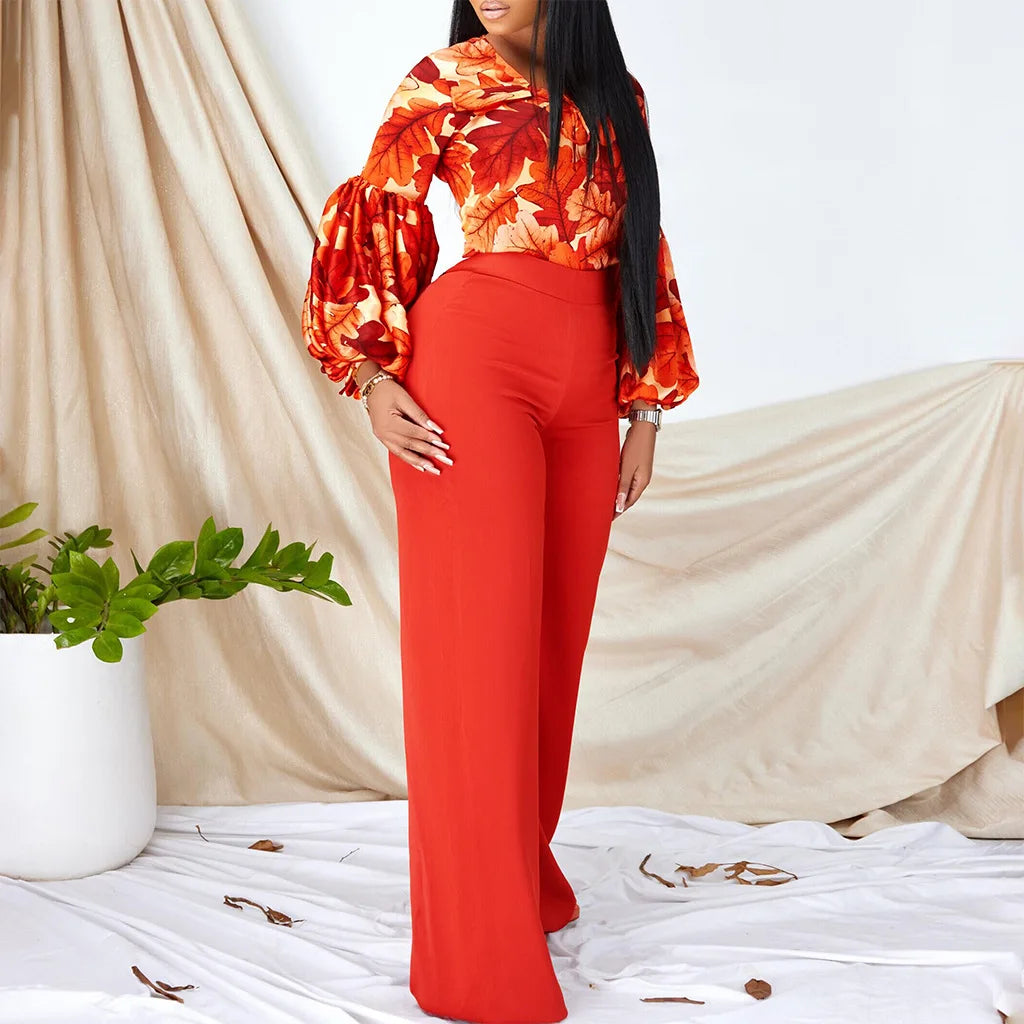 2 Pieces Sets Womens Outfits Two Pieces Outfits Printed Shirts Full Sleeve Long Trouser Fashion Elegant Ladies Matching Sets New