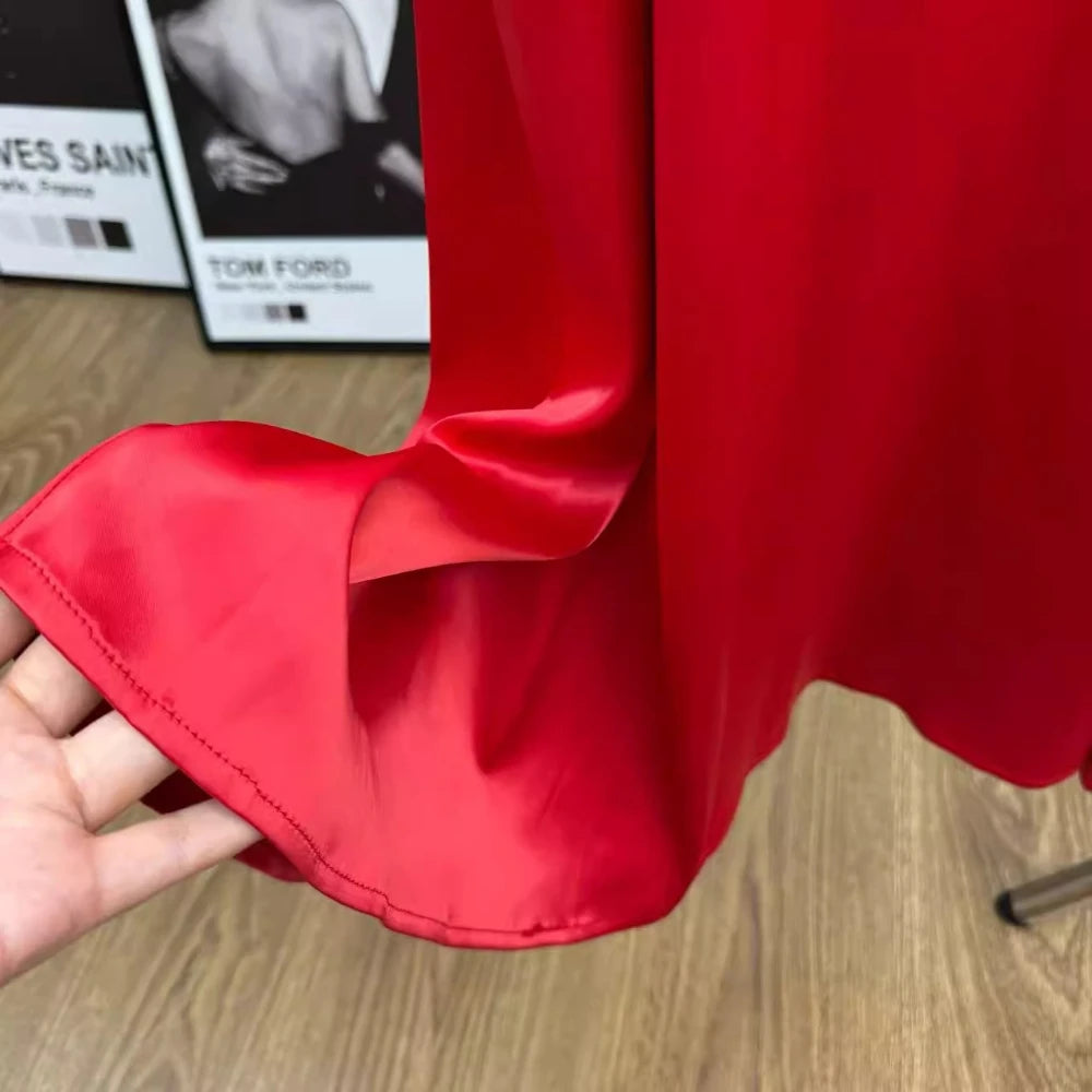 VGH Minimalist Spliced Chain Long Sundresses for Women V Neck Sleeveless High Waist Patchwork Metal Buckles Dress Female Summer