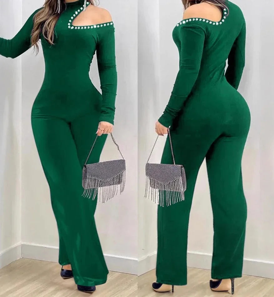 Sexy Jumpsuit for Women Fashion Casual Rhinestone Cold Shoulder High Neck Jumpsuit Long Sleeve Slim Flared Jumpsuits 2025 Spring
