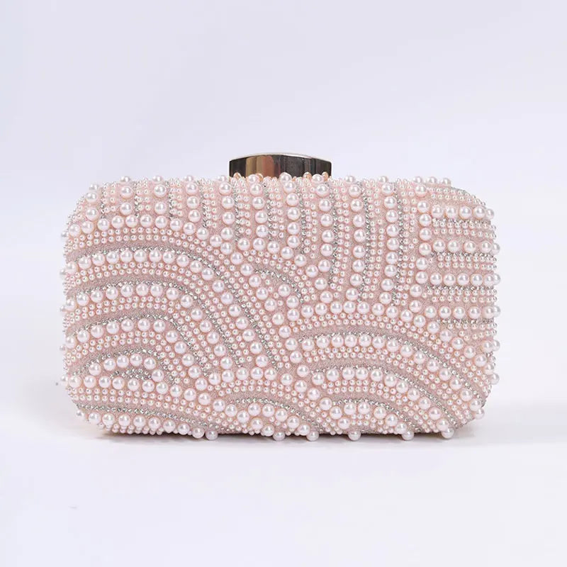 Ladies Pearl Elegant Evening Bag Fashionable Stylish Beading Wedding Dinner Party Banquet Dress Clutch Bag with Long Chain