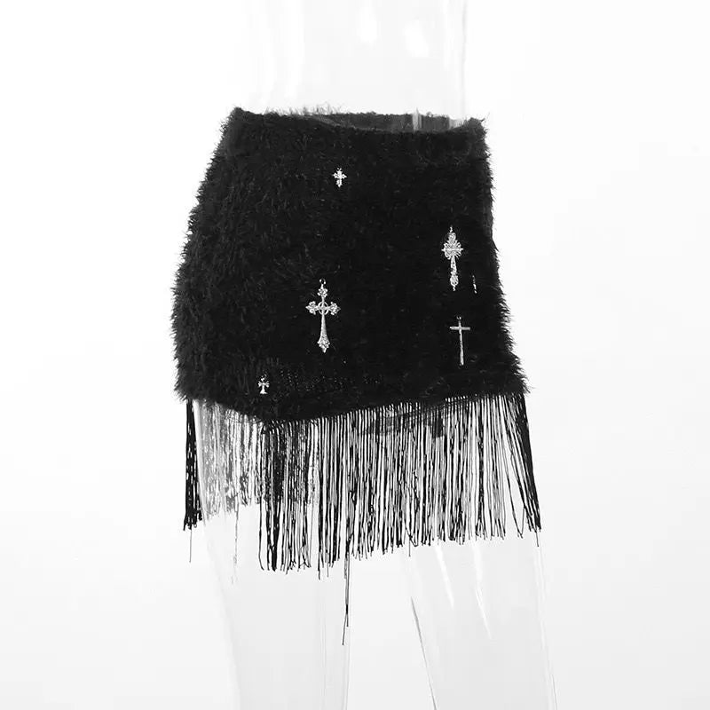 Gothic Classic Punk Cross Pendant Tassel High Elastic High Waist Sexy Plush Short Skirt Women's High-end Design Hip-pack Skirt