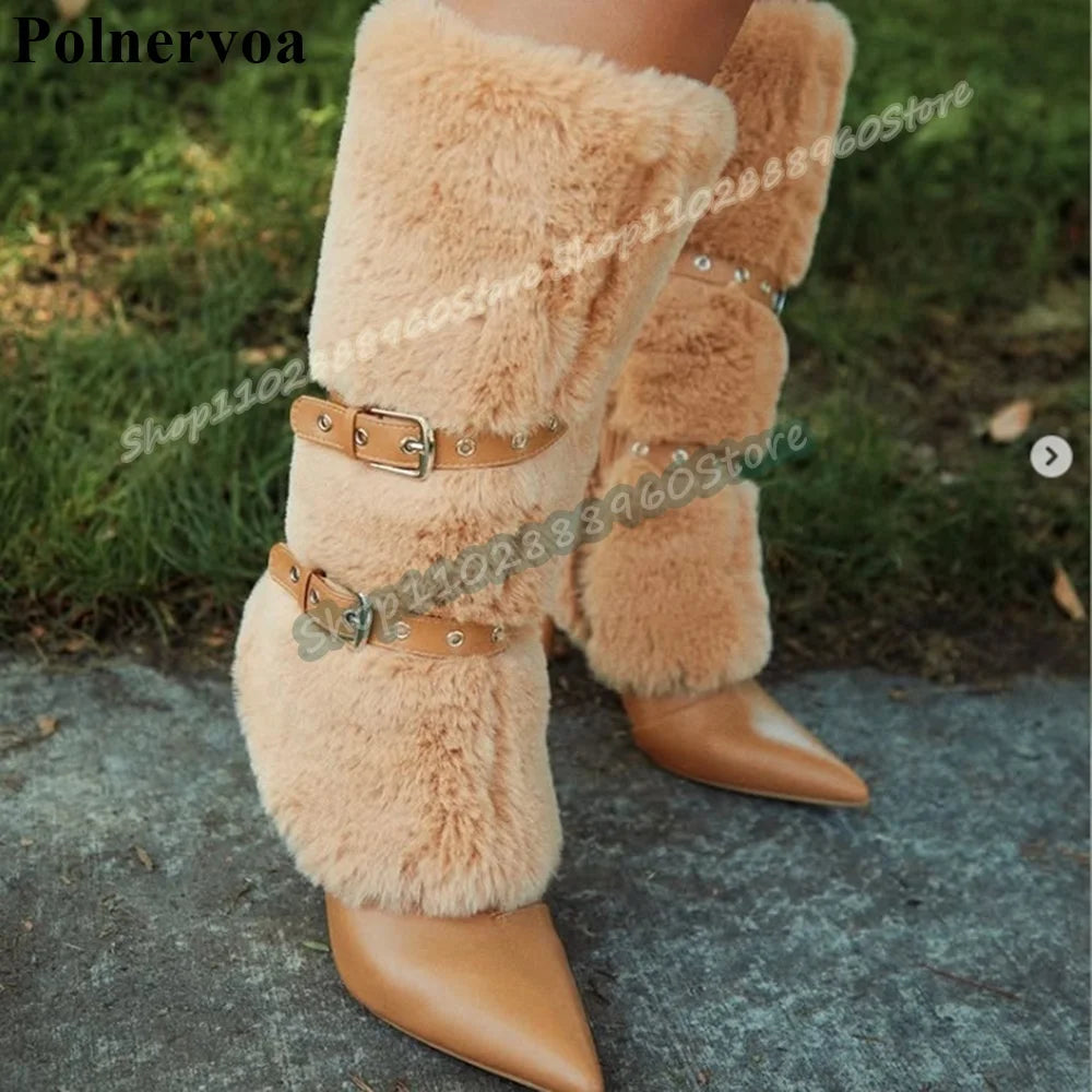 Mid Calf Black Leather Buckle Strap Furry Boots Thin High Heel Women Shoes Side Zipper Pointed Toe Casual Stylish Women Boots