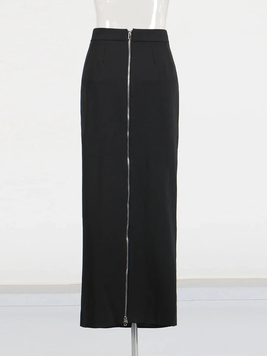 TWOTWINSTYLE High Street Two Piece Set For Women Stand Collar Long Sleeve Spliced Zipper Tops A Line Skirt Set Female KSE504167