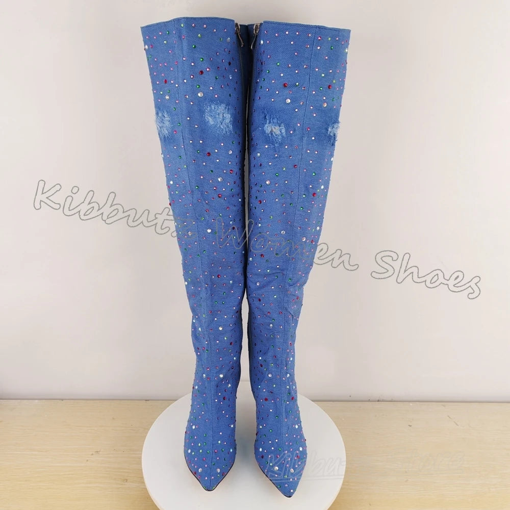 Boots Over The Knee Denim Cloth Crystal Glossy Rhinestone Slip-On Fashion Luxury Elegant Concise Sexy Spicy Girls Shoes Newest