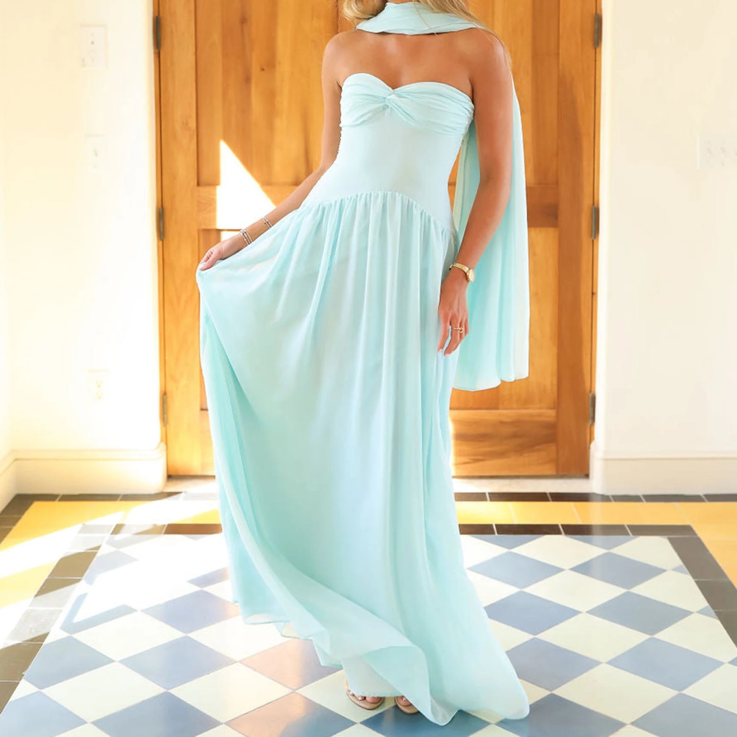 Women Long Dress Solid Color Tube Dress Summer Fashion Backless Casual Strapless Dress with Choker Scarf
