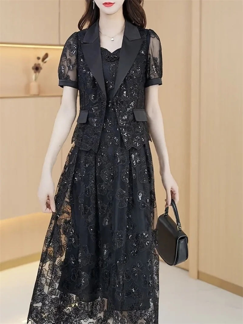 Lace Dress Women's High end Luxury Lady Two Piece Sets Silk Dress Suit Jacket And Dress 2023 Summer Waist Slim Long A-line Dress